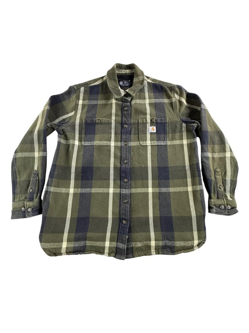 Carhartt Shacket Womens Large Green Plaid Flannel Button Up Long Sleeve Workwear